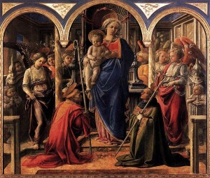 Pala Barbadori, anno di esecuzione 1438, cm. 208 x 244, tecnica a tempera su tavola, Museo del Louvre, Parigi. Predella: “San Frediano…” cm. 40 x 235 – “Annunciazione…” cm. 40 x 386? – “Apparizione….” cm. 40 x 235, tutti nella Galleria degli Uffizi a Firenze.